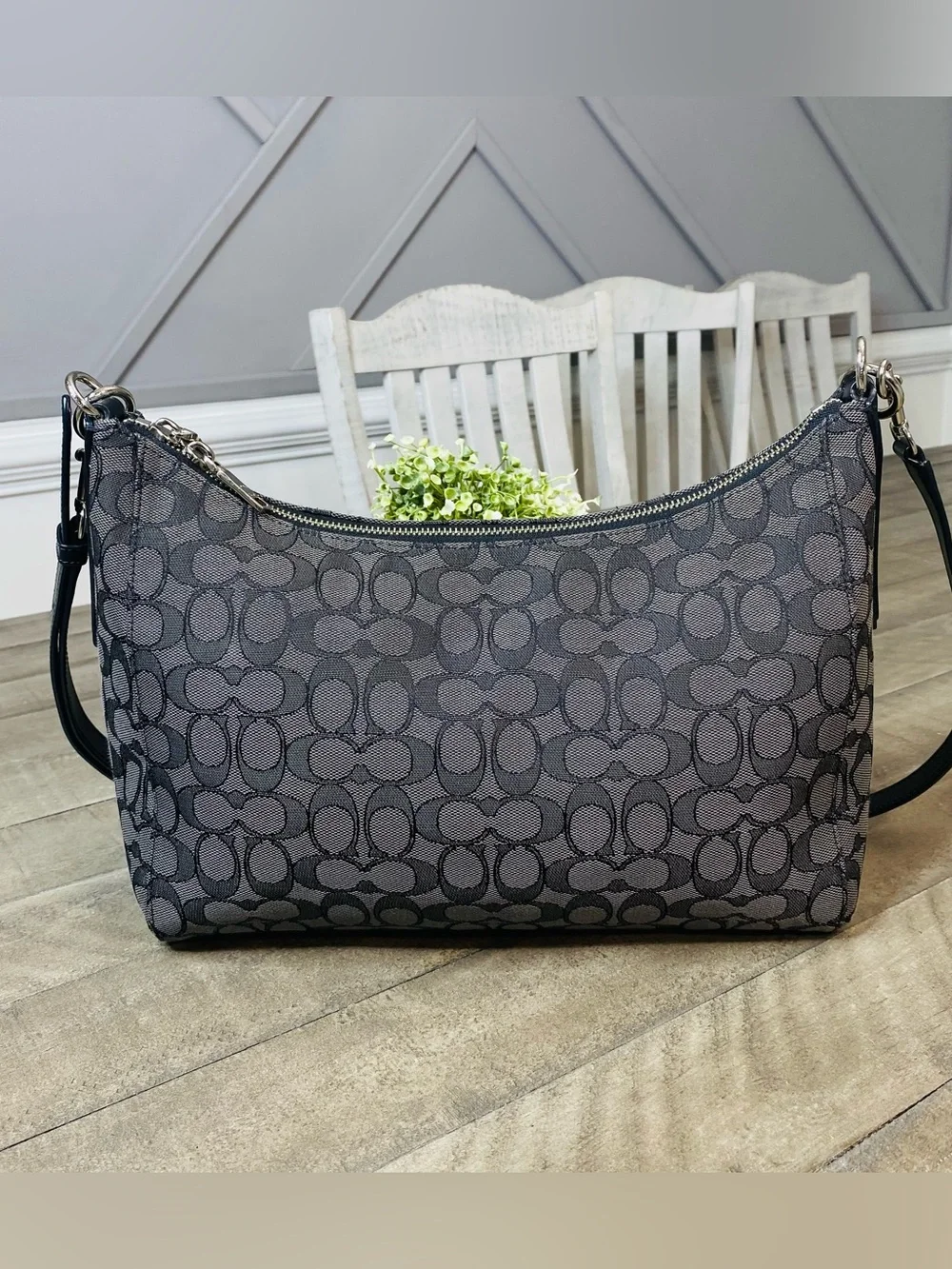 COACH F58284 East/West Celeste Hobo Signature Canvas Bag Black Smoke/Black